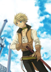 Rule 34 | 00s, blonde hair, blue eyes, choker, gloves, guy cecil, male focus, smile, solo, sword, tales of (series), tales of the abyss, weapon