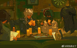 4boys ahoge akai_999 alternate_costume animal_ears arknights black_hair black_jacket black_shirt board_game book bookshelf bow bug butterfly candle card character_request closed_mouth commentary_request couch dartboard doctor_(arknights) fire hair_bow highres holding holding_card holding_paper index_finger_raised indoors insect jacket jewelry leopard_boy leopard_ears long_hair low-tied_long_hair male_doctor_(arknights) male_focus map map_(object) mask mouth_mask multiple_boys necklace open_clothes open_jacket paper picture_frame playing_card shirt silverash_(arknights) sitting table white_jacket