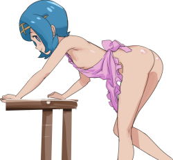 Rule 34 | 1girl, apron, ass, blue eyes, blue hair, breasts, creatures (company), game freak, hair ornament, lana (pokemon), leaning forward, looking at viewer, looking back, naked apron, nintendo, ontaros, pokemon, pokemon sm, shiny skin, short hair, small breasts, solo, trial captain