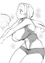 Rule 34 | 10s, 1girl, bad id, bad pixiv id, ball, bare shoulders, blush, breasts, girls und panzer, greyscale, hairband, highres, impossible clothes, impossible shirt, large breasts, low ponytail, monochrome, playing sports, sasaki akebi, shirt, shorts, smile, solo, sportswear, try (lsc), volleyball, volleyball (object), volleyball uniform
