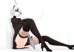 Rule 34 | 1girl, android, ass, black dress, boots, breasts, dress, feather-trimmed sleeves, hairband, high heel boots, high heels, large breasts, legs, nier (series), nier:automata, polearm, puffy sleeves, short hair, silver hair, solo, spear, square enix, thigh boots, thighhighs, thighs, weapon, 2b (nier:automata)
