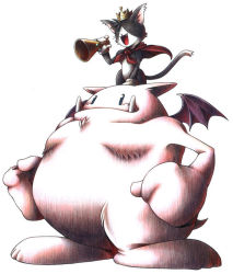 Rule 34 | 1990s (style), cait sith (ff7), cape, cat, crown, fangs, final fantasy, final fantasy vii, gloves, megaphone, moogle, no humans, nomura tetsuya, official art, retro artstyle, white background, wings
