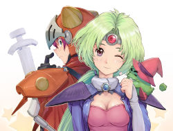 Rule 34 | 1990s (style), 1boy, 1girl, adeu warsam, armor, back-to-back, breasts, brown eyes, circlet, cleavage, full armor, gloves, green eyes, green hair, haou taikei ryuu knight, hat, head tilt, highres, long hair, one eye closed, paffy pafuricia, ponytail, purple hair, retro artstyle, shoulder pads, simple background, smile, sweatdrop, sword, tent (pabell), very long hair, weapon, wink, witch hat