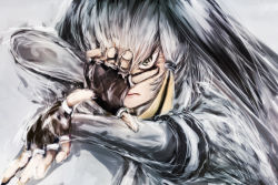 Rule 34 | 10s, 1girl, arm up, black gloves, black hair, blonde hair, closed mouth, commentary request, fighting stance, fingerless gloves, gloves, grey hair, grey shirt, hand up, kemono friends, layered sleeves, lips, long hair, long sleeves, looking at viewer, low ponytail, multicolored hair, necktie, shirt, shoebill (kemono friends), short over long sleeves, short sleeves, side ponytail, sketch, solo, stealstitaniums, upper body, white necktie, yellow eyes