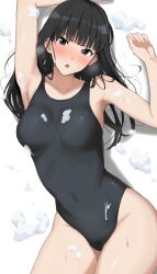 Rule 34 | 1girl, amagami, armpits, ayatsuji tsukasa, black eyes, black hair, black one-piece swimsuit, blunt bangs, blush, breasts, covered navel, foam, long hair, looking at viewer, lying, medium breasts, mobu, on back, one-piece swimsuit, open mouth, revision, sexually suggestive, solo, swimsuit, thighs, wet