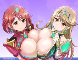 Rule 34 | 2girls, blonde hair, blue background, blush, breast press, breasts, brown eyes, cleavage, earrings, gradient background, highres, huge breasts, jewelry, light blush, long hair, looking at viewer, multiple girls, mythra (xenoblade), nintendo, pyra (xenoblade), rebis, red eyes, red hair, selfcest, short hair, skindentation, smile, sweat, swept bangs, symmetrical docking, tiara, upper body, wavy mouth, xenoblade chronicles (series), xenoblade chronicles 2