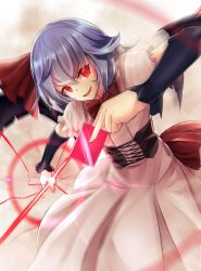 Rule 34 | 1girl, bat wings, blue hair, bow, bowtie, corset, cowboy shot, detached sleeves, dress, fang, hair ribbon, highres, long sleeves, looking at viewer, no headwear, parted lips, pink dress, puffy short sleeves, puffy sleeves, red bow, red bowtie, red eyes, red ribbon, remilia scarlet, ribbon, short hair, short sleeves, sinkai, smile, solo, spear the gungnir, touhou, wings