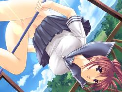 Rule 34 | 1girl, bottomless, breasts, day, game cg, large breasts, no panties, outdoors, ponytail, purple eyes, pussy, red hair, school uniform, short hair, skirt, solo, uncensored