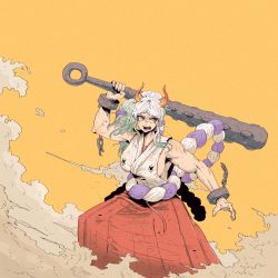 Rule 34 | 1girl, absurdres, armpits, attack, bare arms, bare shoulders, biceps, breasts, chain, club, club (weapon), cuffs, curled horns, dust cloud, earrings, gradient hair, green hair, hair ornament, hair stick, hakama, hakama skirt, han gong, highres, holding, holding weapon, hoop earrings, horns, japanese clothes, jewelry, kanabou, kimono, large breasts, long hair, looking to the side, messy hair, multicolored hair, muscular, muscular female, one piece, oni, oni horns, orange horns, ponytail, rope, sash, shackles, sharp teeth, shimenawa, sideboob, skirt, sleeveless, sleeveless kimono, solo, spiked club, teeth, toned, two-tone hair, weapon, white hair, yamato (one piece), yellow background, yellow eyes