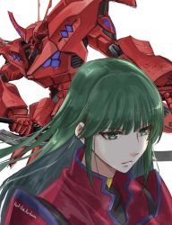 Rule 34 | 1girl, expressionless, from above, green eyes, green hair, hair behind ear, highres, jacket, juliet sleeves, jun (rellik &amp; redrum), long sleeves, looking ahead, looking at viewer, mecha, military, military uniform, muv-luv, muv-luv alternative, muv-luv alternative (anime), open hand, portrait, puffy sleeves, purple eyes, red jacket, robot, science fiction, tactical surface fighter, tsukuyomi mana, type 00 takemikazuchi, uniform, white background