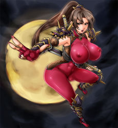 Rule 34 | 1041 (toshikazu), 1girl, armor, bodysuit, breasts, brown eyes, brown hair, covered erect nipples, curvy, fingerless gloves, fingernails, full moon, gloves, huge breasts, impossible clothes, impossible shirt, long fingernails, long hair, moon, motion blur, ninja, open mouth, ponytail, sheath, sheathed, shirt, skin tight, solo, soul calibur, soulcalibur, soulcalibur iv, sword, taki (soulcalibur), weapon