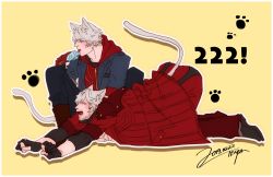 Rule 34 | 2boys, animal ear fluff, animal ears, arm support, artist name, black gloves, black shirt, blue eyes, cat day, cat ears, cat tail, closed mouth, coat, dante (devil may cry), dated, devil bringer, devil may cry, devil may cry (series), devil may cry 4, dmc pa, closed eyes, facial hair, fangs, fingerless gloves, full body, gloves, kemonomimi mode, licking, lying, male focus, multiple boys, nero (devil may cry), on stomach, open mouth, partially fingerless gloves, paw print, shirt, short hair, signature, simple background, sitting, sleeves rolled up, stretching, tail, tongue, white hair, yellow background, zipper pull tab