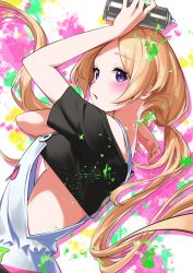 Rule 34 | 1girl, absurdres, aki rosenthal, aki rosenthal (gaming casual), arm up, black shirt, blonde hair, blush, breasts, can, commentary request, crop top, floating hair, from side, hand up, highres, holding, holding can, hololive, long hair, looking at viewer, medium breasts, nemoto yuuma, overalls, paint splatter, parted bangs, parted lips, purple eyes, shirt, short sleeves, sidelocks, sideways glance, solo, spray can, twintails, upper body, virtual youtuber