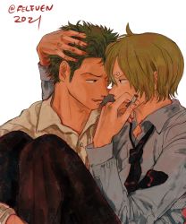 Rule 34 | 2021, 2boys, blonde hair, feleven, green hair, hand in another&#039;s hair, highres, long sleeves, male focus, multiple boys, necktie, one piece, roronoa zoro, sanji (one piece), short hair, smile, twitter username, white background, yaoi