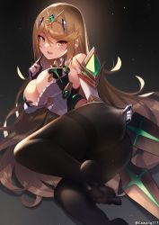 Rule 34 | 1girl, ass, bare shoulders, black pantyhose, blonde hair, breasts, cawang, cleavage, cleavage cutout, clothing cutout, earrings, elbow gloves, feet, finger to own chin, gloves, highres, jewelry, large breasts, long hair, looking at viewer, mythra (massive melee) (xenoblade), mythra (xenoblade), pantyhose, soles, solo, swept bangs, thighband pantyhose, tiara, very long hair, white gloves, xenoblade chronicles (series), xenoblade chronicles 2, yellow eyes