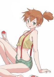 Rule 34 | 1girl, arm support, armpits, artist request, asymmetrical hair, bare arms, bare shoulders, blue eyes, breasts, brown hair, creatures (company), crop top, game freak, green eyes, hair bun, highres, holding, holding poke ball, looking at viewer, midriff, misty (pokemon), navel, nintendo, open fly, open mouth, orange hair, poke ball, pokemon, pokemon (anime), pokemon (classic anime), ponytail, shirt, shoes, short hair, short ponytail, short shorts, short sidetail, shorts, side ponytail, simple background, single hair bun, sitting, small breasts, smile, sneakers, solo, source request, suspenders, tank top, unzipped, white background, yamamoto souichirou