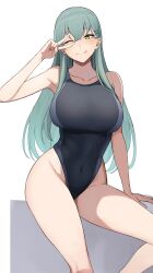 Rule 34 | 1girl, :q, absurdres, blue hair, breasts, collarbone, competition swimsuit, covered navel, green eyes, hair ornament, hairclip, highleg, highleg swimsuit, highres, kantai collection, large breasts, long hair, looking at viewer, one-piece swimsuit, one eye closed, simple background, solo, suzuya (kancolle), swimsuit, takaman (gaffe), tongue, tongue out, two-tone background, v, v over eye