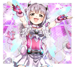 Rule 34 | 1girl, :d, bare shoulders, blue wings, blush, bow, brown eyes, commentary request, fingerless gloves, gloves, glowing, grey bow, grey hair, hair flaps, hair intakes, half-closed eyes, horns, idolmaster, idolmaster cinderella girls, koshimizu sachiko, looking at viewer, open mouth, pleated skirt, red gloves, skirt, smile, solo, striped, striped bow, white skirt, wings, yukie (kusaka shi)