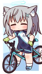 Rule 34 | 1girl, animal ear fluff, animal ears, bicycle, biker clothes, bikesuit, blue archive, blue background, blue footwear, blush, bodysuit, cat ears, chibi, closed eyes, closed mouth, clothes writing, covered navel, facing viewer, full body, gloves, green gloves, grey hair, groin, hair ornament, halo, hana kazari, hand on own hip, highres, long hair, shiroko (blue archive), shiroko (cycling) (blue archive), shoes, short sleeves, socks, solo, standing, sweat, white socks