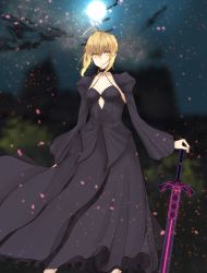 Rule 34 | 1girl, ahoe, ahoge, artoria pendragon (all), artoria pendragon (fate), bad id, bad pixiv id, black dress, blonde hair, blurry, blurry background, breasts, commentary request, dress, excalibur morgan (fate), fate/stay night, fate (series), hair between eyes, heaven&#039;s feel, highres, looking at viewer, medium breasts, moon, night, outdoors, puffy sleeves, saber alter, shiina aoi, solo, weapon, yellow eyes