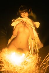 Rule 34 | asian, black hair, breasts, breasts squeezed together, chinese (nationality), chunmomo0127, clothes lift, fire, grass, groin, highres, medium breasts, navel, night, outdoors, real life, stomach, underboob