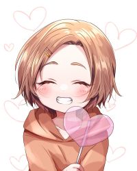 Rule 34 | 1girl, ^ ^, ^o^, blush, candy, closed eyes, collarbone, closed eyes, food, forehead, grin, hair ornament, hairpin, heart, heart background, heart-shaped lollipop, holding, holding candy, holding food, hood, hoodie, idolmaster, idolmaster cinderella girls, orange hair, orange hoodie, ryuzaki kaoru, shaped lollipop, short hair, simple background, smile, solo, upper body, white background, yumeno (rubbercup)