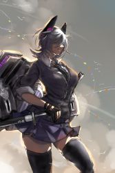Rule 34 | 10s, 1girl, breasts, gloves, headgear, highres, inukami (lupusinukami), kantai collection, large breasts, machinery, necktie, partially fingerless gloves, purple hair, rigging, school uniform, short hair, skirt, smile, solo, sword, tenryuu (kancolle), thighhighs, turret, weapon