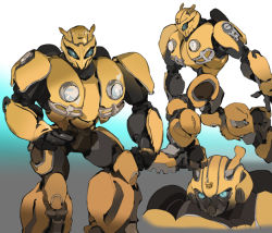 Rule 34 | 1boy, angry, autobot, blue eyes, bumblebee, bumblebee (film), clenched hand, dalgu, gradient background, headlight, mecha, multiple views, no humans, open hands, robot, transformers, transformers (live action), walking