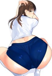 Rule 34 | 1girl, all fours, ass, back, blue buruma, blush, brown eyes, brown hair, buruma, commentary request, from above, gym shirt, gym uniform, hand on own head, idolmaster, idolmaster cinderella girls, kneehighs, long hair, looking at viewer, looking back, mibu natsuki, nitta minami, no shoes, open mouth, panties, panties under buruma, pantylines, shirt, short sleeves, simple background, socks, solo, sweat, top-down bottom-up, underwear, white background, white shirt, white socks