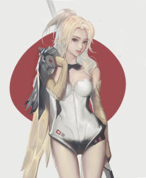 Rule 34 | 1girl, adapted costume, alternate hairstyle, arm at side, bad id, bad pixiv id, bare shoulders, black bow, black bowtie, blonde hair, blue eyes, bodysuit, bow, bowtie, breasts, breasts apart, closed mouth, cowboy shot, detached sleeves, elbow gloves, gloves, grey background, hair down, half updo, hand up, highres, hip focus, holding, holding staff, holding weapon, legs, legs apart, legs together, leotard, light smile, lipstick, long hair, looking at viewer, makeup, medium breasts, mercy (overwatch), nose, over shoulder, overwatch, overwatch 1, pink lips, ponytail, rabbit (tukenitian), simple background, smile, solo, staff, standing, strapless, strapless leotard, swiss flag, thigh gap, thighs, weapon, white leotard, wide hips, wings, yellow gloves