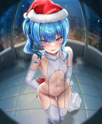 Rule 34 | 1girl, absurdres, alternate costume, arm behind back, averting eyes, blue eyes, blue hair, box, breasts, commentary, commentary request, detached sleeves, embarrassed, english commentary, fur-trimmed headwear, fur trim, garter straps, gift, gift box, hair between eyes, hair ribbon, hat, highres, holding, holding box, holding gift, holding sack, hololive, hoshimachi suisei, jagoo, medium hair, meme attire, mixed-language commentary, navel, night, open mouth, panties, pov peephole, ribbed legwear, ribbed panties, ribbed sleeves, ribbed thighhighs, ribbon, sack, santa hat, side ponytail, sleeveless, sleeveless sweater, sleeveless turtleneck, small breasts, snowing, solo, sweater, thighhighs, turtleneck, turtleneck sweater, underwear, virgin destroyer sweater, virtual youtuber, white panties, white sweater
