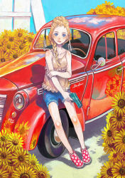 Rule 34 | 1girl, blonde hair, blue eyes, braid, camisole, car, female focus, flower, gun, handgun, holding own arm, motor vehicle, on vehicle, original, pomodorosa, shoes, shorts, single braid, sitting, solo, sunflower, vehicle, weapon