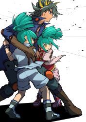 Rule 34 | 1girl, 2boys, :o, absurdres, arm on another&#039;s shoulder, battle, battlefield, black hair, black shirt, blue eyes, blue footwear, blue jacket, blue shorts, boots, brother and sister, brown eyes, brown footwear, brown gloves, child, clothes grab, fudo yusei, gloves, grabbing, green hair, hand on another&#039;s back, high collar, high ponytail, highres, jacket, knee pads, lua (yu-gi-oh!), luca (yu-gi-oh!), male focus, multicolored hair, multiple boys, open clothes, open jacket, padded jacket, pants, pink footwear, pink jacket, pink shorts, protecting, red shirt, serious, shadow, shirt, short hair, short ponytail, short twintails, shorts, siblings, sidelocks, spiked hair, standing, streaked hair, sweater, turtleneck, turtleneck sweater, twins, twintails, white background, wind, wristband, youko-shima, yu-gi-oh!, yu-gi-oh! 5d&#039;s