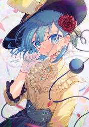 Rule 34 | 1girl, absurdres, adapted costume, aqua eyes, aqua hair, artist name, black hat, black skirt, blush, bow, buttons, commentary, dated, diamond button, flower, frilled sleeves, frills, full-face blush, gloves, hair flower, hair ornament, hand to own mouth, hat, hat bow, heart, heart of string, high-waist skirt, highres, hinasumire, koishi day, komeiji koishi, leaf hair ornament, looking at viewer, medium hair, open mouth, petals, rose, shirt, signature, skirt, sleeves past elbows, solo, third eye, touhou, upper body, white gloves, yellow bow, yellow shirt