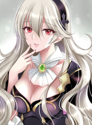 Rule 34 | 1girl, armor, ascot, black armor, black hairband, breasts, brooch, cleavage, corrin (female) (fire emblem), corrin (female) (nohr noble) (fire emblem), corrin (fire emblem), detached collar, fingernails, fire emblem, fire emblem fates, fire emblem heroes, grey background, grey hair, hair between eyes, hairband, hand on own face, highres, jewelry, kirishima riona, large breasts, lips, long hair, looking at viewer, medium breasts, nintendo, official alternate costume, parted lips, pink lips, pink nails, pointy ears, red eyes, revision, solo, very long hair, wavy hair, white ascot