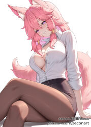 Rule 34 | 1girl, animal ears, breasts, brown pantyhose, character request, commentary, commission, copyright request, crossed legs, facial mark, feet out of frame, fox ears, fox tail, grin, hair between eyes, highres, large breasts, long hair, long sleeves, looking at viewer, pantyhose, pink hair, purple eyes, secon, shirt, simple background, sitting, smile, solo, tail, thighs, whisker markings, white background, white shirt