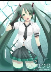 Rule 34 | 1girl, bad id, bad pixiv id, blush, daiaru, gloves, green eyes, green hair, hair ornament, hatsune miku, jewelry, long hair, matching hair/eyes, necklace, open mouth, solo, standing, thighhighs, twintails, vocaloid