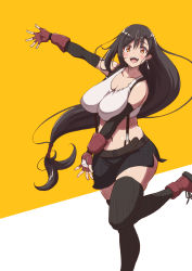 Rule 34 | 1girl, arm up, bandaged hand, bandages, bare shoulders, black gloves, black hair, black skirt, black thighhighs, breasts, cleavage, collarbone, crop top, earrings, elbow gloves, final fantasy, final fantasy vii, final fantasy vii remake, fingerless gloves, foot out of frame, gloves, hair between eyes, highres, jewelry, kojirou!, large breasts, leg up, long hair, looking at viewer, low-tied long hair, midriff, miniskirt, navel, open mouth, orange background, orange eyes, outstretched arms, red gloves, shirt, skirt, smile, solo, square enix, suspender skirt, suspenders, teeth, thighhighs, tifa lockhart, two-tone background, upper teeth only, white background, white shirt