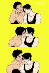 Rule 34 | 2boys, bara, black hair, blush, closed eyes, imminent kiss, kashikahaya, large pectorals, looking at another, male focus, multiple boys, muscular, muscular male, nipples, open mouth, original, pectorals, short hair, simple background, smile, tank top, white tank top, yaoi, yellow background