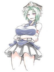Rule 34 | 1girl, alternate breast size, black skirt, blue vest, breast hold, breasts, crossed arms, crown, green eyes, green hair, kuroba rapid, large breasts, licking lips, looking down, miniskirt, naughty face, open mouth, pleated skirt, shiki eiki, shirt, short hair, skirt, solo, thighs, tongue, tongue out, touhou, vest, white shirt
