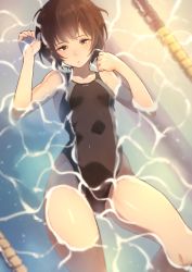 Rule 34 | 1girl, amagami, black hair, black one-piece swimsuit, breasts, brown eyes, commentary request, competition swimsuit, eichan (eichanidfi), looking at viewer, mixed-language commentary, nanasaki ai, one-piece swimsuit, partially submerged, short hair, small breasts, solo, swimsuit, water