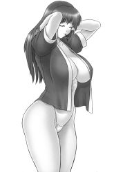Rule 34 | breasts, curvy, dead or alive, closed eyes, highres, iruma kamiri, kasumi (doa), large breasts, long hair, monochrome, mouth hold, open clothes, open shirt, panties, shirt, tecmo, thong, underwear