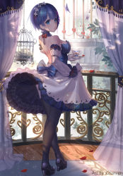 Rule 34 | 10s, 1girl, artist name, back, backless dress, backless outfit, balcony, bare back, bare shoulders, birdcage, black footwear, black thighhighs, blue dress, blue eyes, blue hair, bow, breasts, bug, butterfly, cage, choker, cup, curtains, detached collar, detached sleeves, dress, flower, from behind, full body, gtunver, hair flower, hair ornament, hair over one eye, hairband, high heels, highres, insect, ironwork, lens flare, light particles, looking at viewer, looking back, maid, maid headdress, matching hair/eyes, medium breasts, no bra, petals, plate, pleated dress, railing, re:zero kara hajimeru isekai seikatsu, rem (re:zero), saucer, shadow, shoes, short hair, skirt hold, solo, strapless, strapless dress, sunlight, teacup, thighhighs