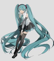 Rule 34 | 1girl, absurdly long hair, amg (amo10), aqua eyes, aqua hair, black skirt, black thighhighs, closed mouth, detached sleeves, full body, grey background, hatsune miku, hatsune miku (nt), highres, long hair, looking at viewer, simple background, skirt, solo, tattoo, thighhighs, twintails, very long hair, vocaloid