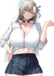 Rule 34 | 1girl, absurdres, asuna (blue archive), black choker, black skirt, blue archive, blue eyes, blush, breasts, choker, cleavage, closed mouth, collared shirt, grey hair, hair ornament, halo, hand up, highres, large breasts, long hair, long sleeves, looking at viewer, mole, mole on breast, namazu (yamasonson), shirt, simple background, skirt, smile, solo, white background, white shirt
