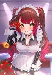 Rule 34 | 1girl, @ @, android, apron, blush, breasts, bu leike, choker, cleavage, coin, commentary request, food, fruit, gradient hair, highres, hololive, hypnosis, indoors, large breasts, light, maid, maid apron, maid headdress, mechanical arms, mechanical legs, mind control, motion lines, multicolored hair, parted lips, red hair, roboco-san, solo, swinging, tearing up, tomato, twintails, virtual youtuber, white apron, white wrist cuffs, wrist cuffs, yellow eyes