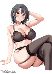 Rule 34 | 1girl, arm up, bare shoulders, black bra, black hair, black thighhighs, blush, bra, breasts, collarbone, crossed legs, ebifurya, garter straps, highres, kantai collection, large breasts, looking at viewer, one-hour drawing challenge, parted bangs, parted lips, red eyes, short hair, simple background, solo, takao (kancolle), thighhighs, twitter username, underwear, white background