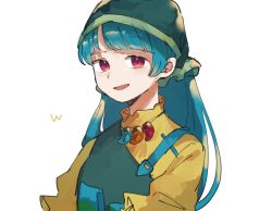 Rule 34 | 1girl, apron, text background, blue hair, green apron, green headwear, haniyasushin keiki, head scarf, jewelry, long hair, looking at viewer, magatama, magatama necklace, necklace, open mouth, pink eyes, pocket, puffy sleeves, s hirono28, shirt, simple background, single strap, smile, solo, touhou, white background, yellow shirt