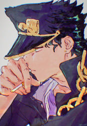 Rule 34 | artist name, black hair, chromatic aberration, cigarette, closed mouth, earrings, expressionless, eyebrows visible through hat, eyes visible through headwear, from side, hat, highres, holding, holding cigarette, jewelry, jojo no kimyou na bouken, kusamura dai, kuujou joutarou, male focus, popped collar, shirt, signature, simple background, upper body, white background