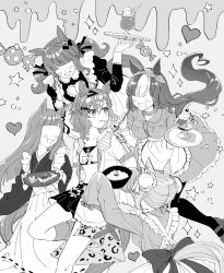 Rule 34 | 5girls, ahoge, animal ears, apron, bandeau, blush, bow hairband, breasts, bun cover, candy, cleavage, cleavage cutout, clothing cutout, collared dress, cup, dango, double bun, dress, every whisper (racehorse), faceless, faceless female, feeding, flat chest, food, food on face, greyscale, hair bun, hairband, heart, highres, holding, holding plate, holding spoon, holding tray, horse ears, horse girl, horse tail, ice cream, jacket, japanese clothes, jungle pocket (umamusume), kimono, long hair, looking at viewer, loose socks, maid, maid apron, monochrome, multicolored hair, multiple girls, nayuta ggg, notched ear, open clothes, open jacket, open mouth, original, personification, plate, pun, short hair, short sleeves, skirt, sleeves past fingers, sleeves past wrists, small breasts, smile, socks, sparkle, spoon, streaked hair, sundae, tail, tray, twintails, umamusume, wagashi, wrist cuffs